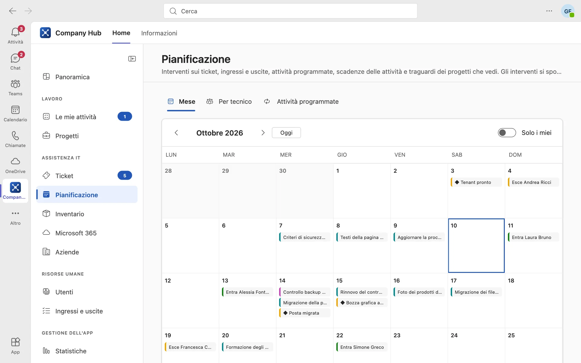 Calendario con interventi, scadenze e traguardi