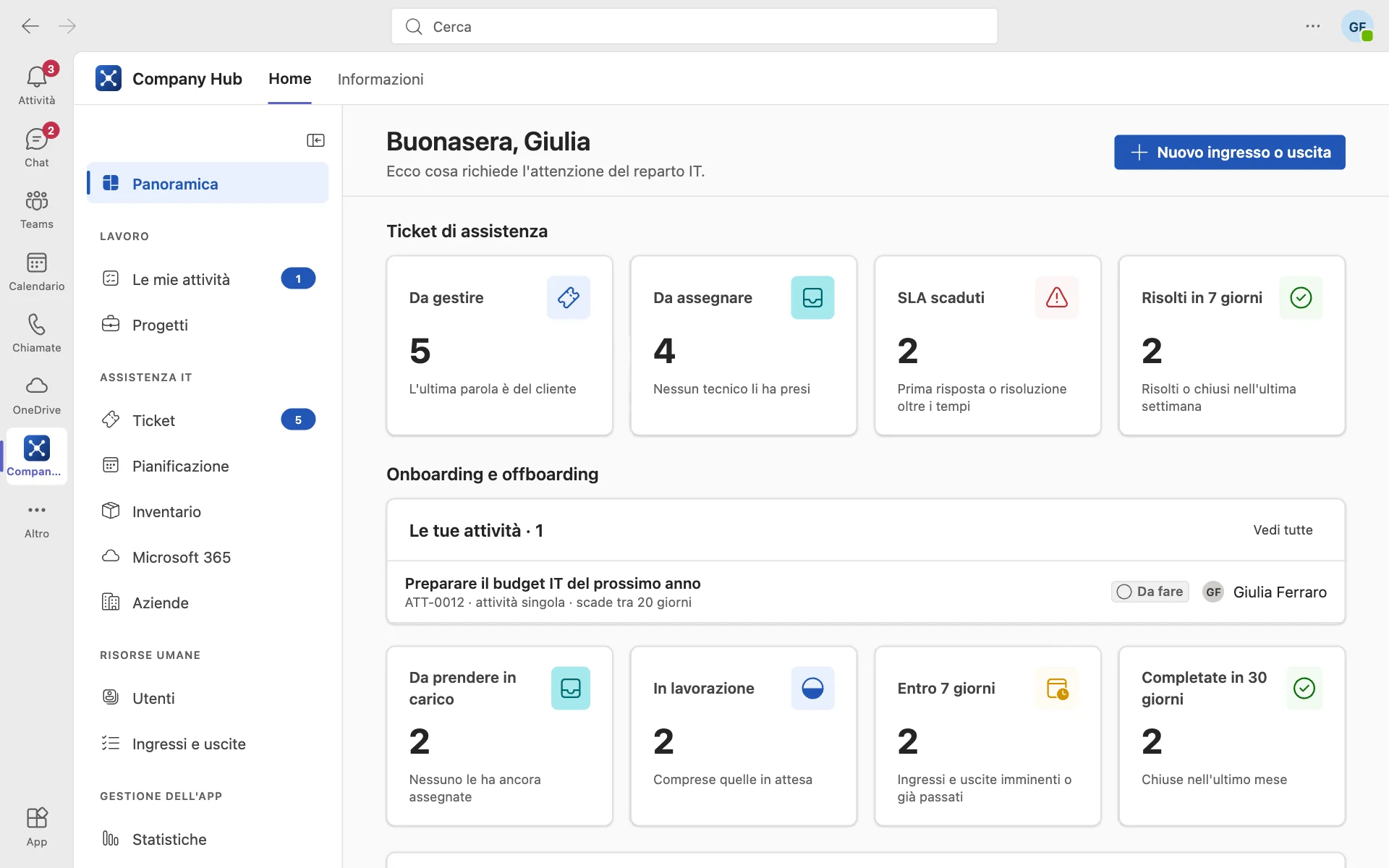 Panoramica di Company Hub dentro Teams, con ticket, ingressi e uscite e scadenze