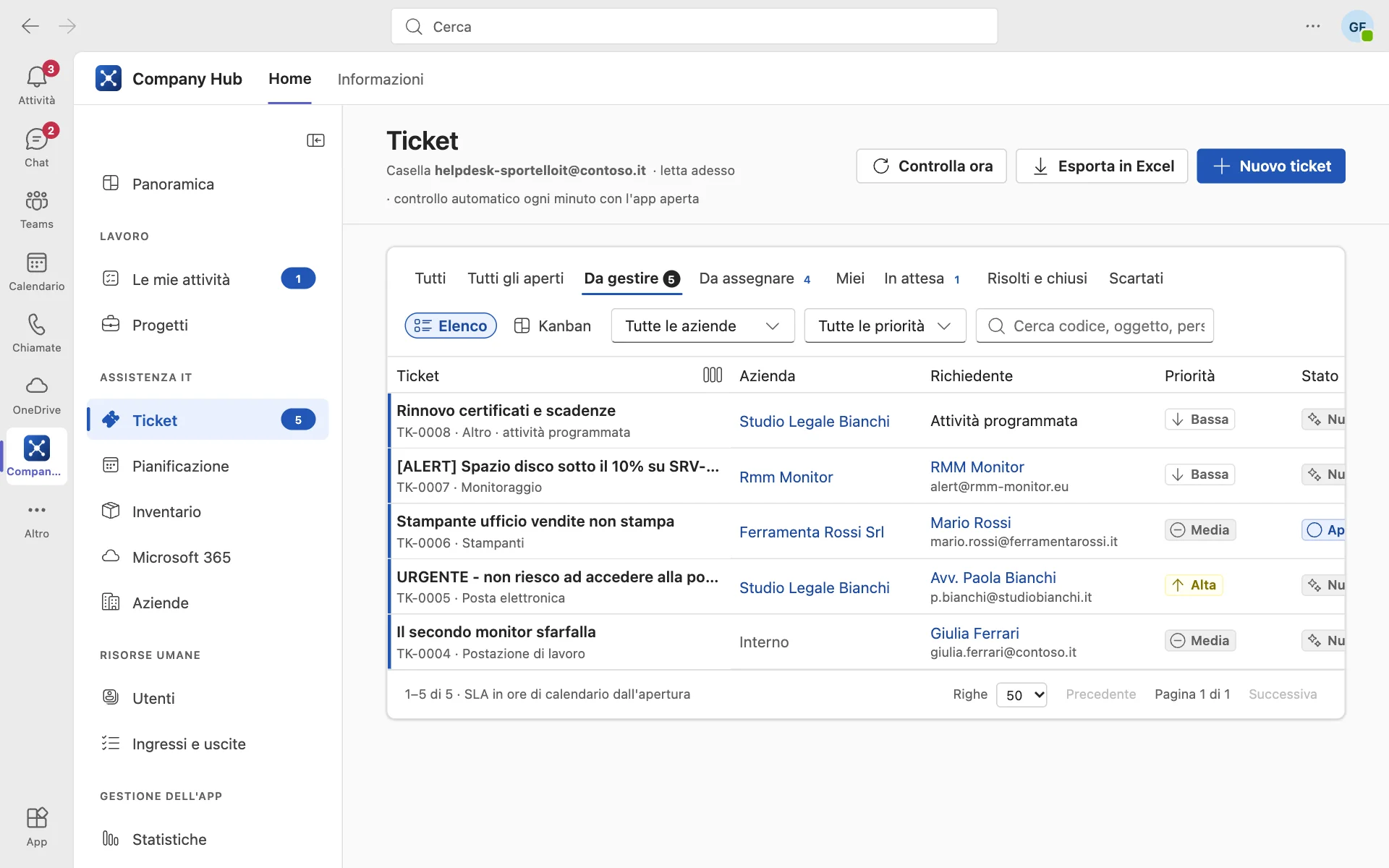 Coda dei ticket da gestire in Company Hub dentro Teams